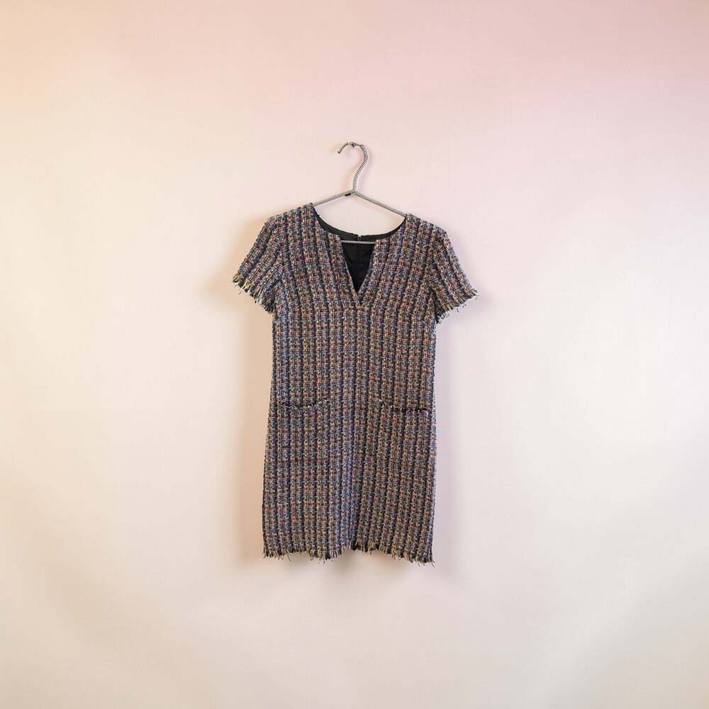 Ann Taylor Multi-Color Tweed V-Neck‎ Shift Dress with Fringe Trim